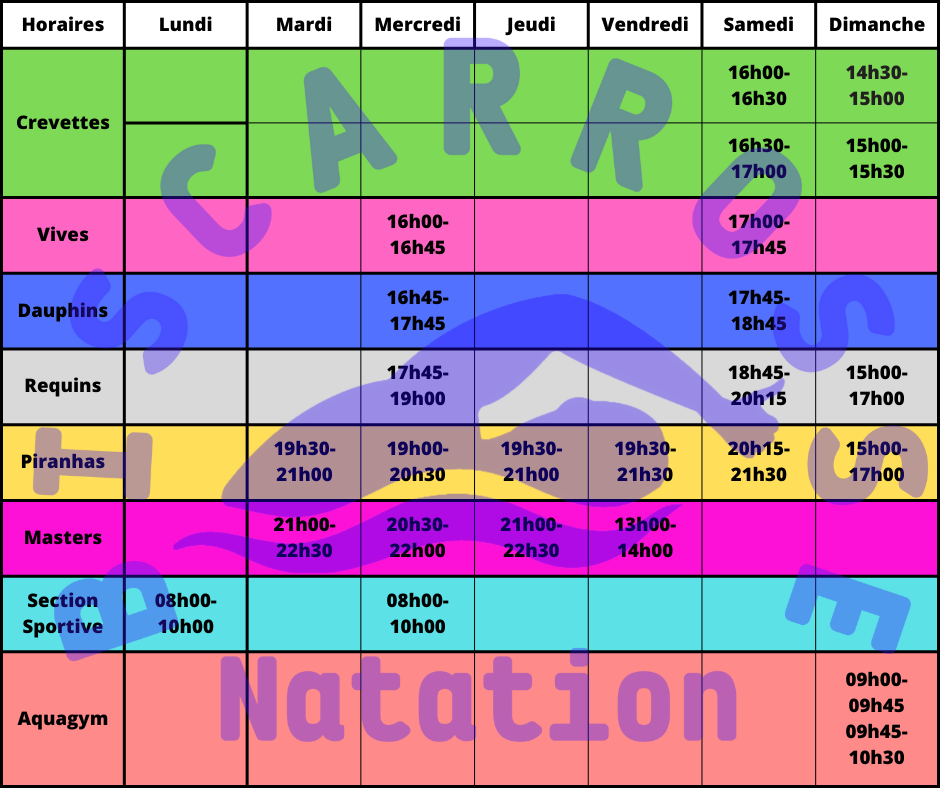 Horaires d'entraînements