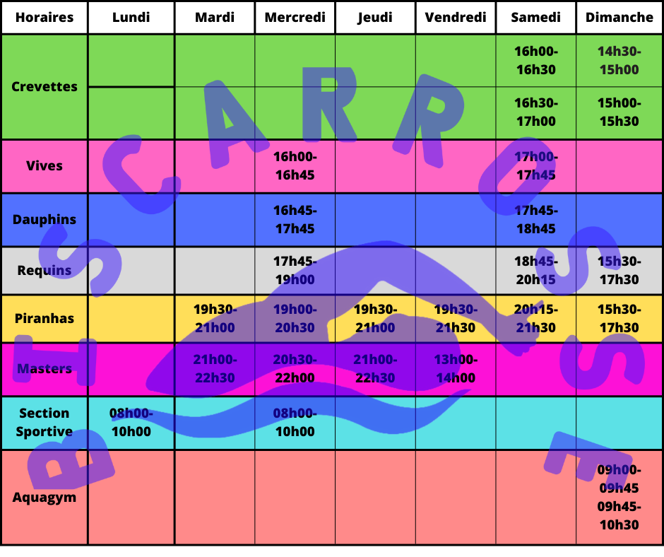 Horaires d'entraînements