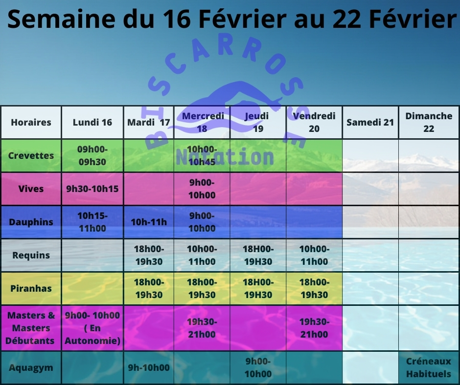 Horaires Vacances scolaire du 16 au 22 Février 2026